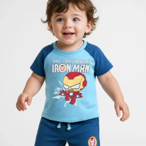 Babyhug Marvel 100% Cotton Single Jersey Knit Raglan Sleeves T-Shirt and Shorts Iron Man Graphics - Blue