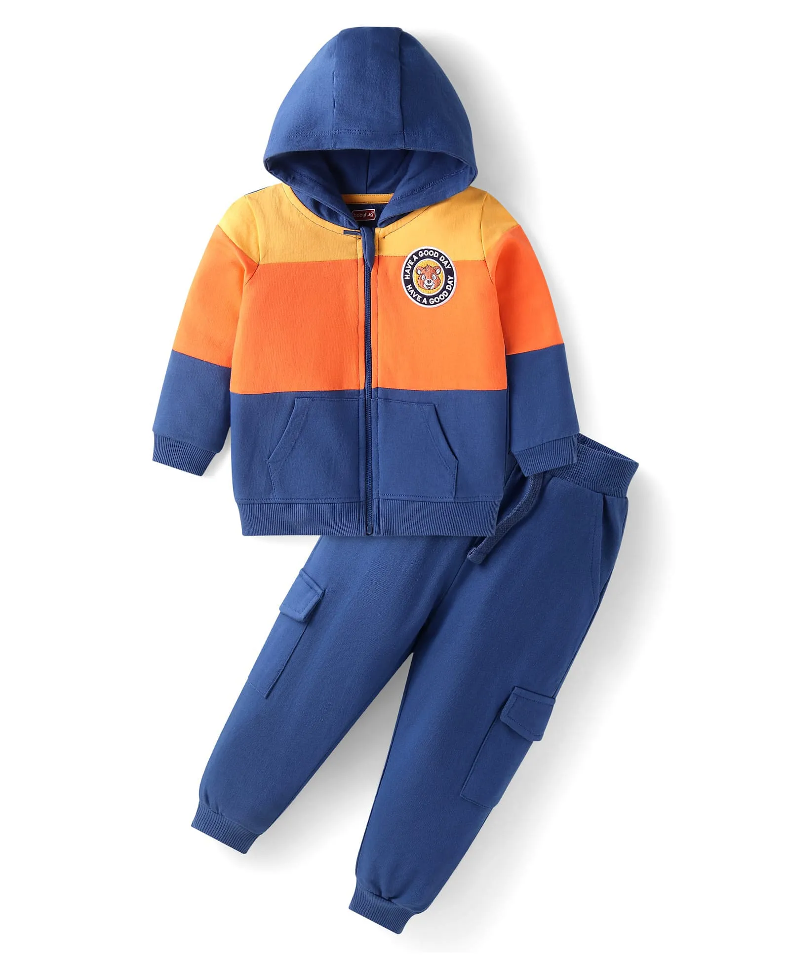 Babyhug Terry Knit Full Sleeves Hooded Sweatjacket & Lounge Pant Set With Bear Patch - Blue - Image 4
