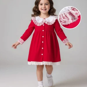 Mark & Mia Cotton Knit Full Sleeves Peter Pan Collar Frock with Lace Detailing - Red