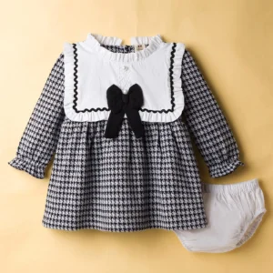 ToffyHouse Jacquard Woven Full Sleeves Yarn Dyed Checkered Frock With Bloomer & Bow Applique - Black & White